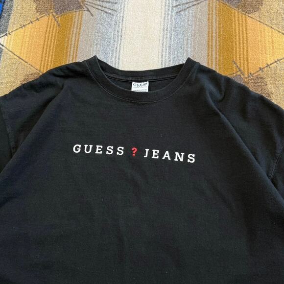 Vintage 90s Men’s Guess Jeans ? Spell Out T-Shirt Size 2XL Black Questions Mark - Picture 2 of 6